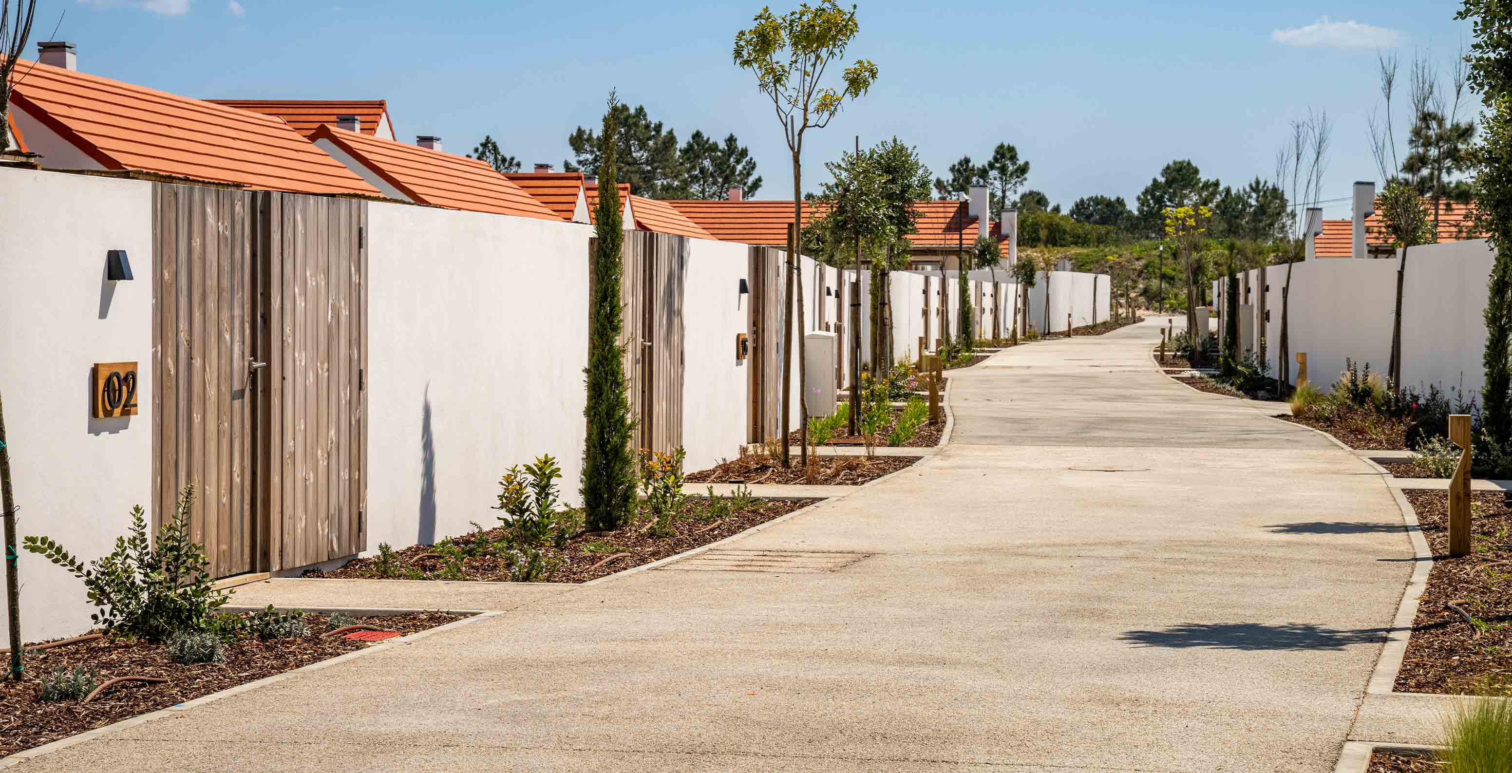 Paved street lined with plants, white walls, and wooden gates, between villas with vegetation in the background