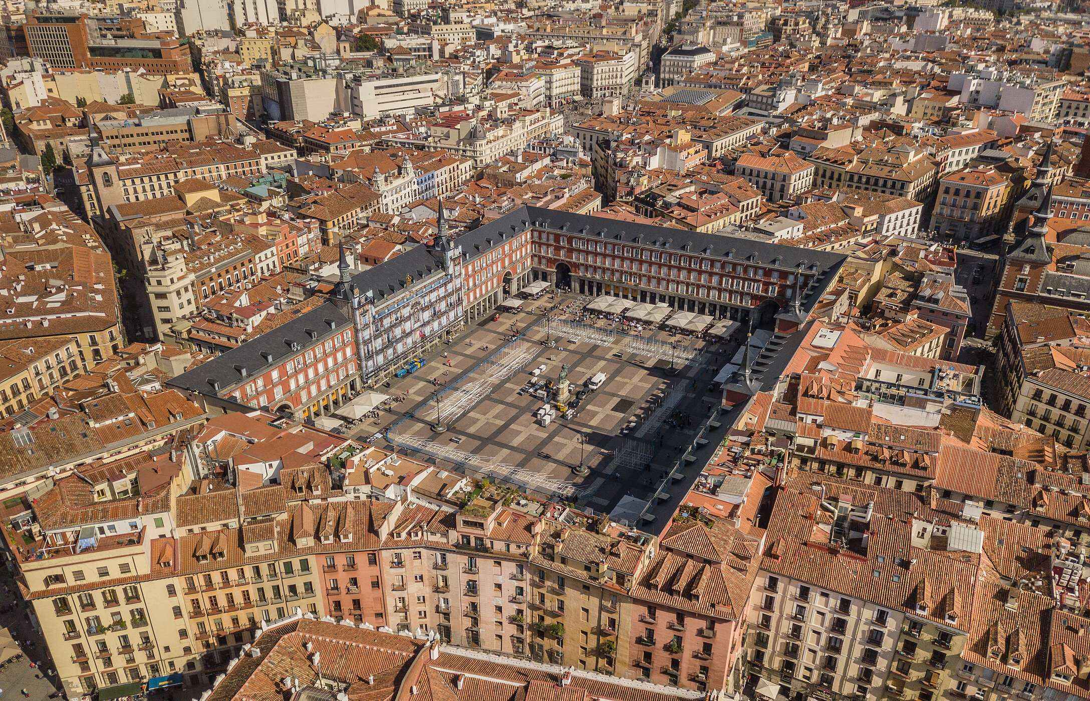Aerial view over Plaza Mayor, in the historic center of Madrid, where Pestana Plaza Mayor is located