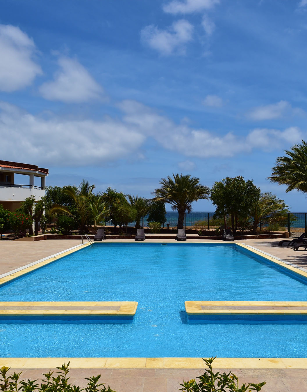 View of the outdoor pool at Pestana Tropico, with palm trees and sun loungers around the pool, and the sea in the background