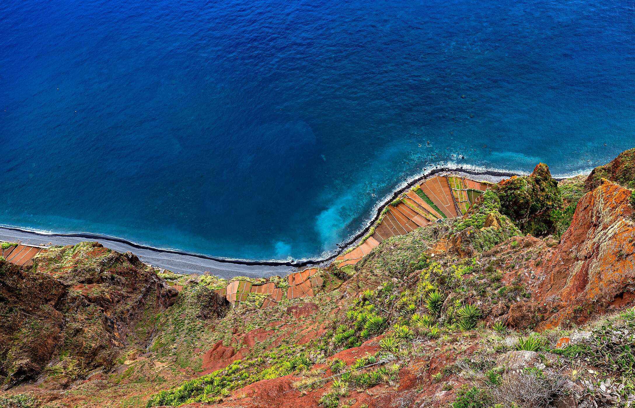 View from the Cabo Girão viewpoint where you can see the blue ocean line and the cliff
