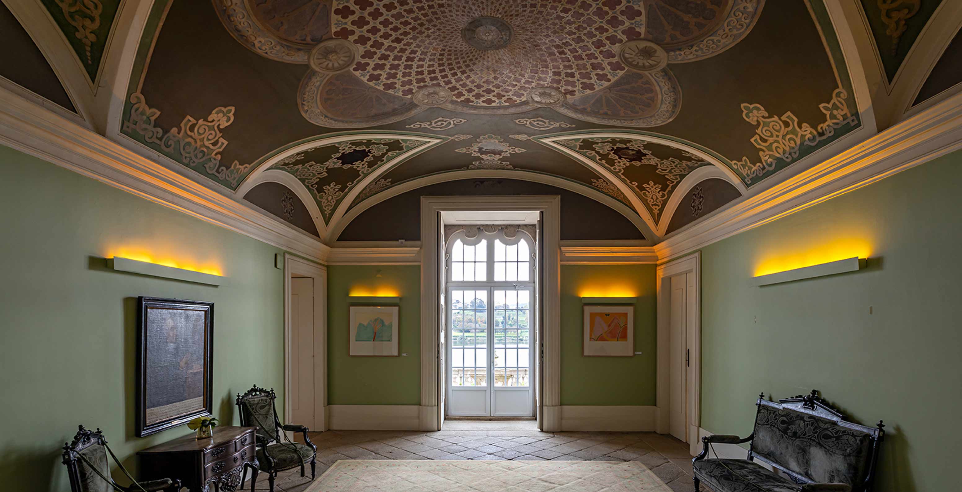 Foyer Viscondes room with artistic ceiling at Pestana Palácio do Freixo Historic Hotel by the Douro River
