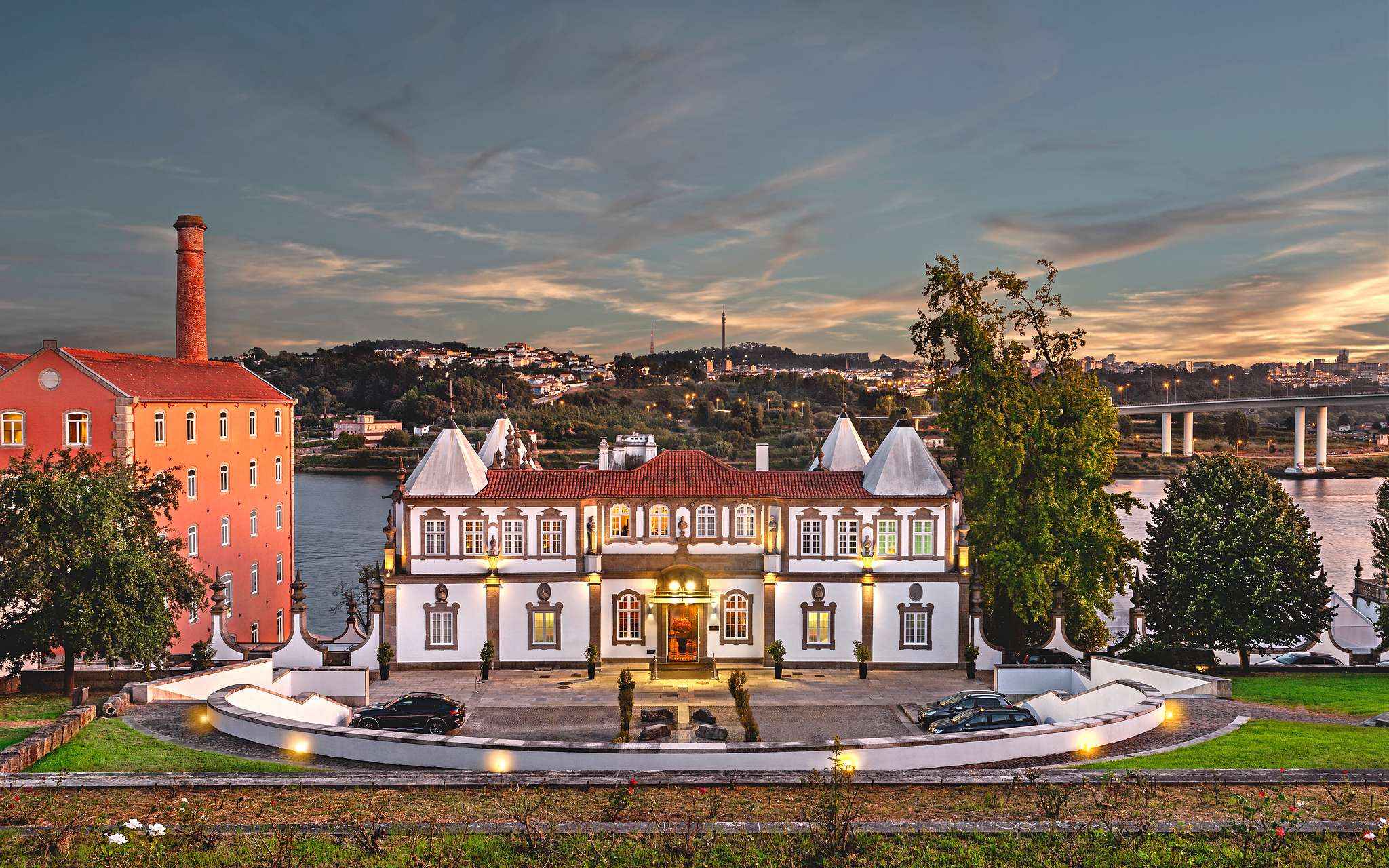 View of the building with the Douro River behind, from Pestana Palácio do Freixo, a 5-star hotel in Porto, National Monument