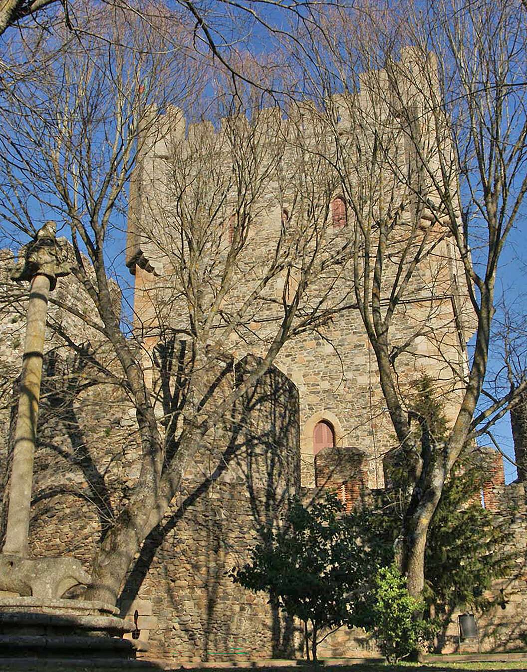 Vue extérieure du château de la Pousada Bragança, avec des arbres et des feuilles devant la façade de la pousada