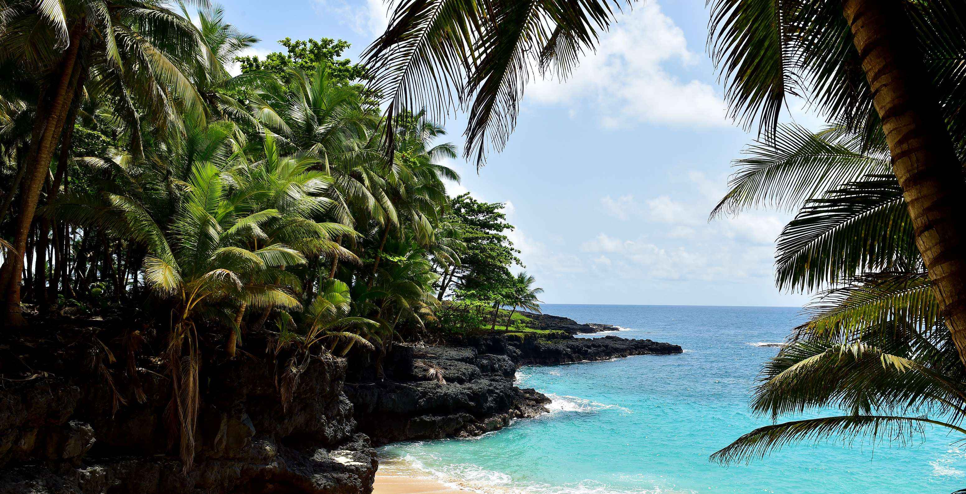 Plage de l'Ilhéu das Rolas, avec une végétation tropicale dense, du sable doré et fin, et de l'eau cristalline