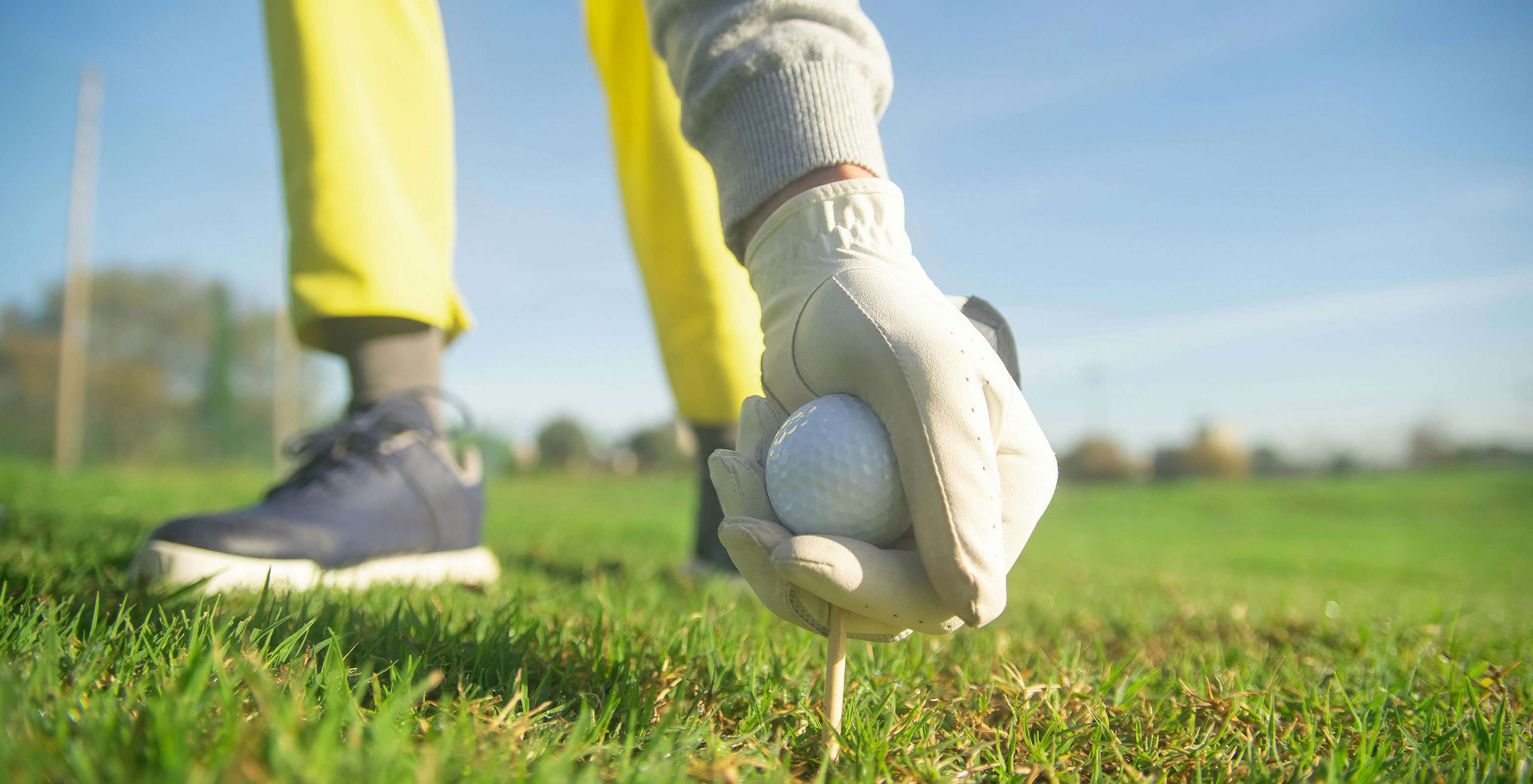 Pessoa abaixa-se para pegar na bola de golfe no campo e prepara-se para a próxima tacada
