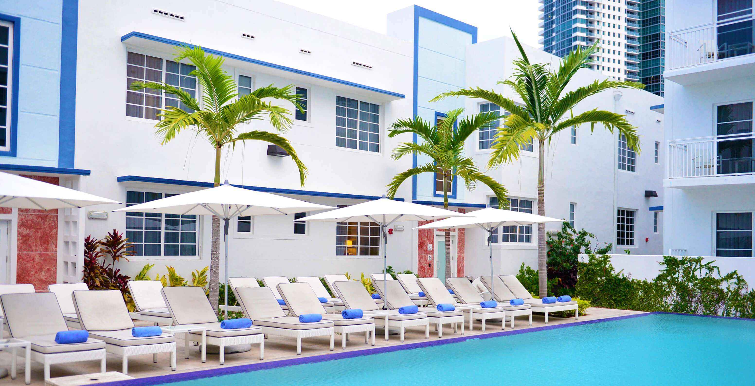 O Superior King, Vista para a piscina do Pestana Miami South Beach é uma piscina moderna com espreguiçadeiras brancas