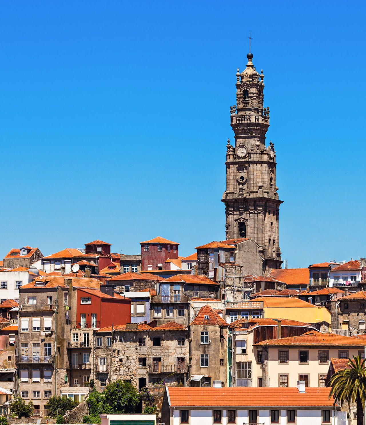 Blick auf Porto mit der Clérigos-Turm, umgeben von alten Gebäuden