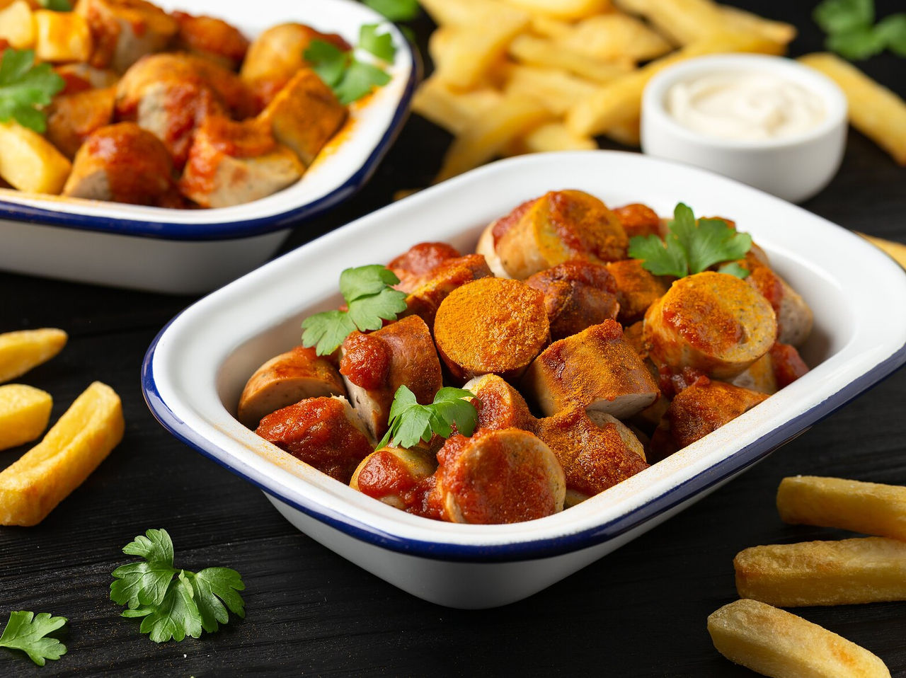 Traditional German dish called currywurst, consisting of sausages and ketchup, served with fries