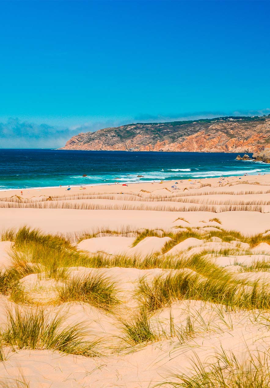 Guincho beach in Cascais where you see a perfect beach day with an expanse of golden sand dunes and blue sea