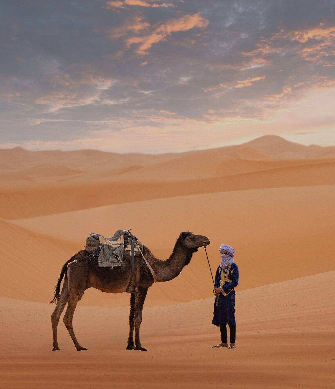Chameau et homme qui l'accompagne, au milieu d'un grand désert près de Marrakech, avec plusieurs dunes à l'horizon