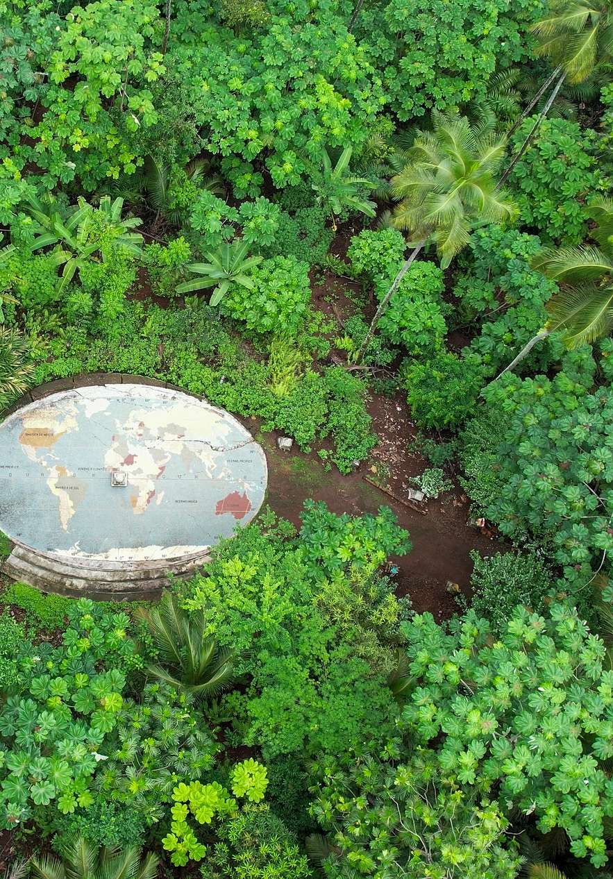 Marque de la ligne de l'équateur avec une carte du monde, dans un jardin entouré d'une dense végétation tropicale