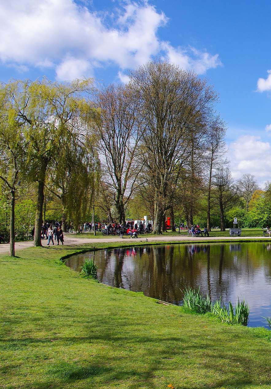 Vue panoramique du Vondelpark un jour ensoleillé, avec un lac entouré de gazon vert, d'arbres et de gens se relaxant
