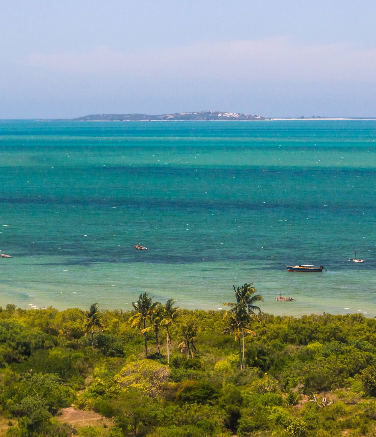 Luchtfoto van een tropisch strand met palmbomen, vissersboten en een turquoise zee met een eiland op de achtergrond