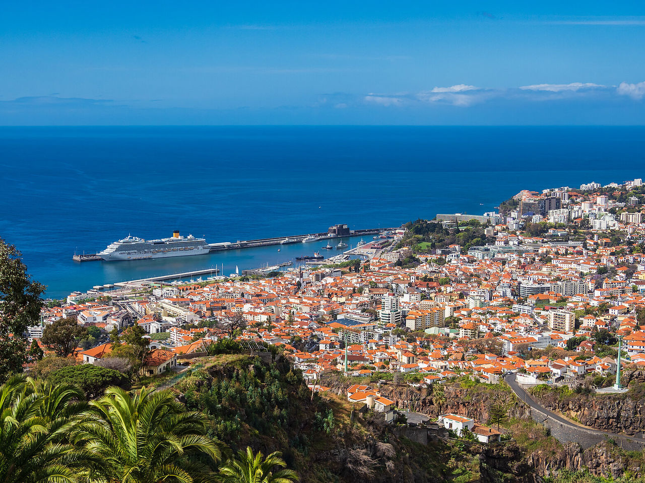 Vista para a cidade do Funchal, cheia de cores e junto à linha do mar, com um cruzeiro ao fundo