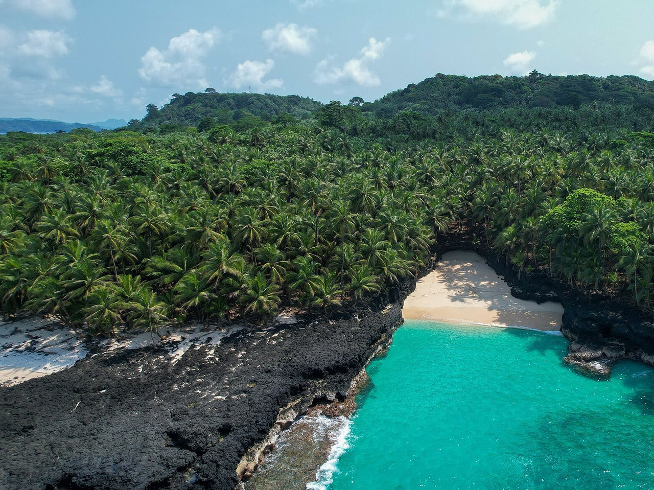 Deserted beach with volcanic rocks around, crystal-clear water, and palm trees surrounding the beach