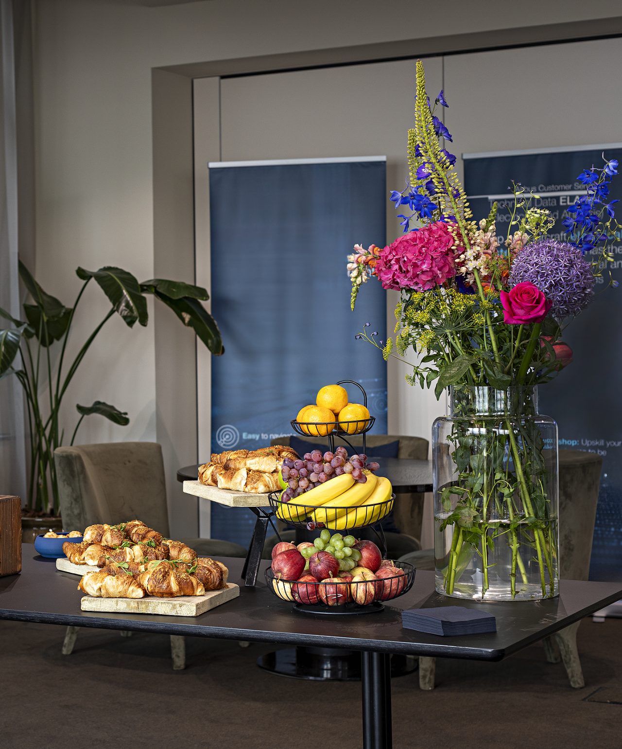 Meetings and Conferences at Pestana Hotel Group, with coffee breaks offering various options like fruit and croissants